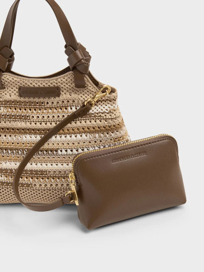 CHARLES & KEITH Women Mini Ida Multi-Stripe Knitted Tote Bag - Multi Brown -Multi Brown
