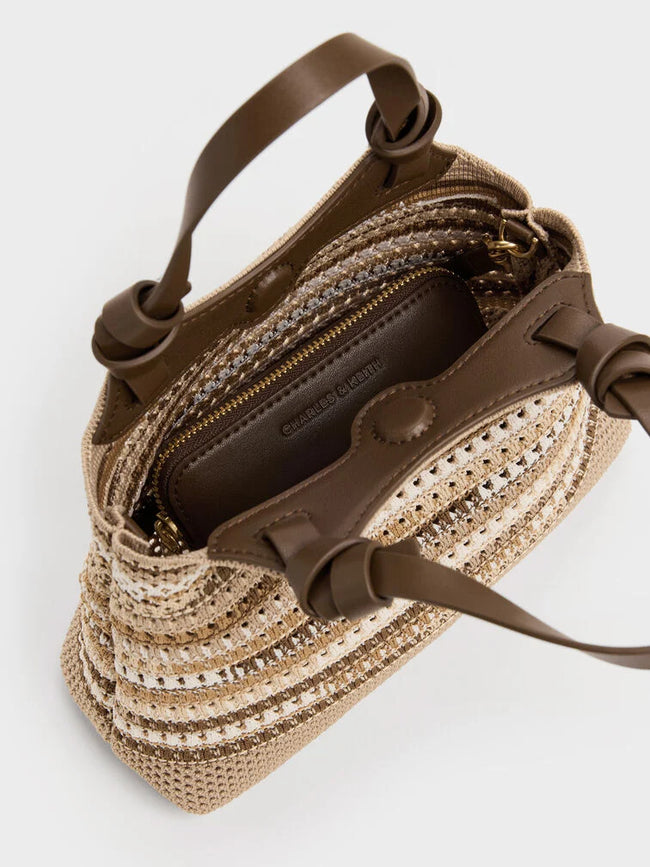 CHARLES & KEITH Women Mini Ida Multi-Stripe Knitted Tote Bag - Multi Brown -Multi Brown