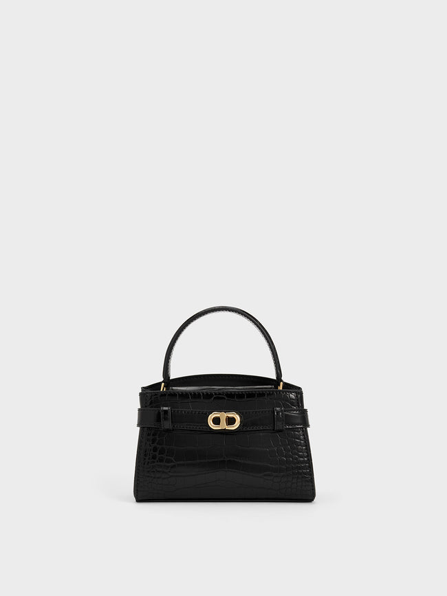 CHARLES & KEITH Women Aubrielle Croc-Effect Top Handle Bag Black