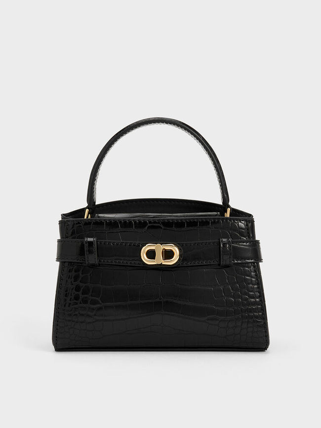 CHARLES & KEITH Women Aubrielle Croc-Effect Top Handle Bag Black