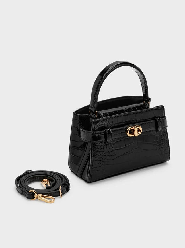 CHARLES & KEITH Women Aubrielle Croc-Effect Top Handle Bag Black