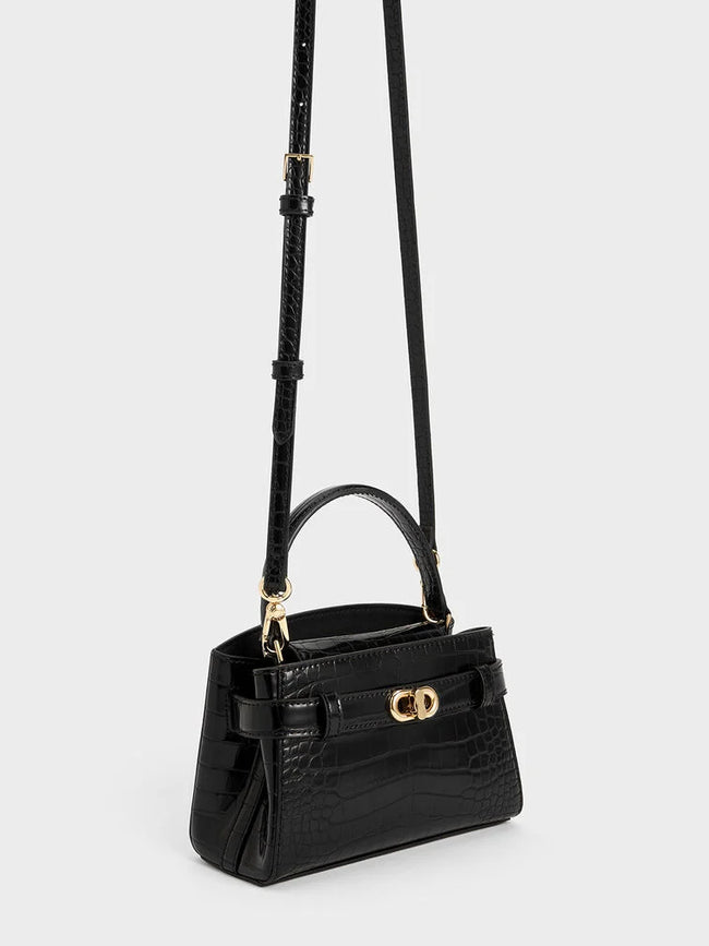 CHARLES & KEITH Women Aubrielle Croc-Effect Top Handle Bag Black