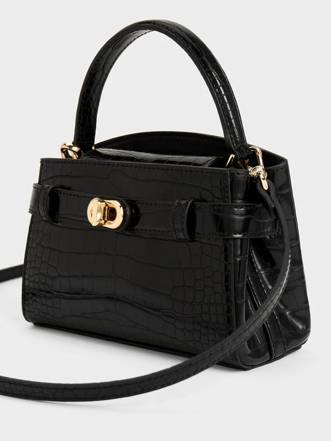 CHARLES & KEITH Women Aubrielle Croc-Effect Top Handle Bag Black