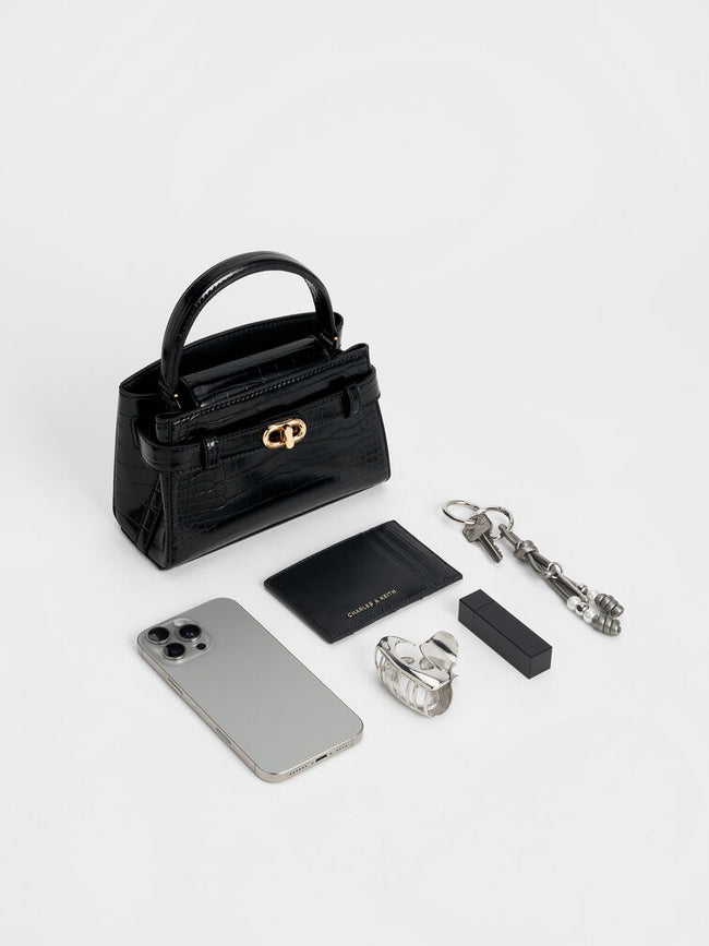 CHARLES & KEITH Women Aubrielle Croc-Effect Top Handle Bag Black