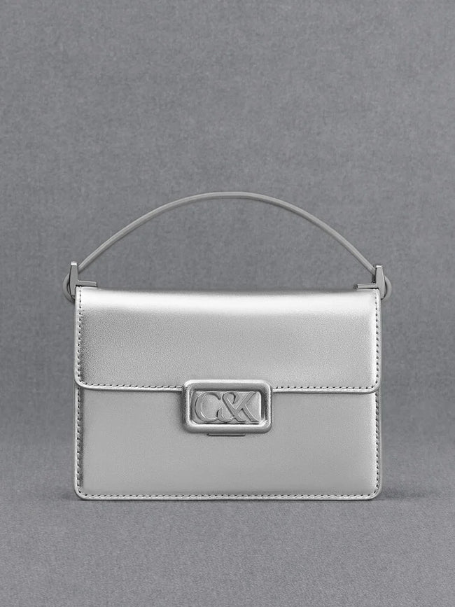 CHARLES & KEITH Women Leather Metallic Boxy Bag_Sliver
