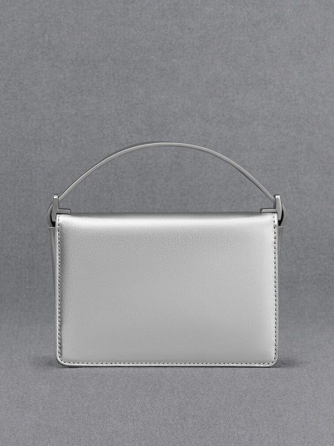 CHARLES & KEITH Women Leather Metallic Boxy Bag_Sliver