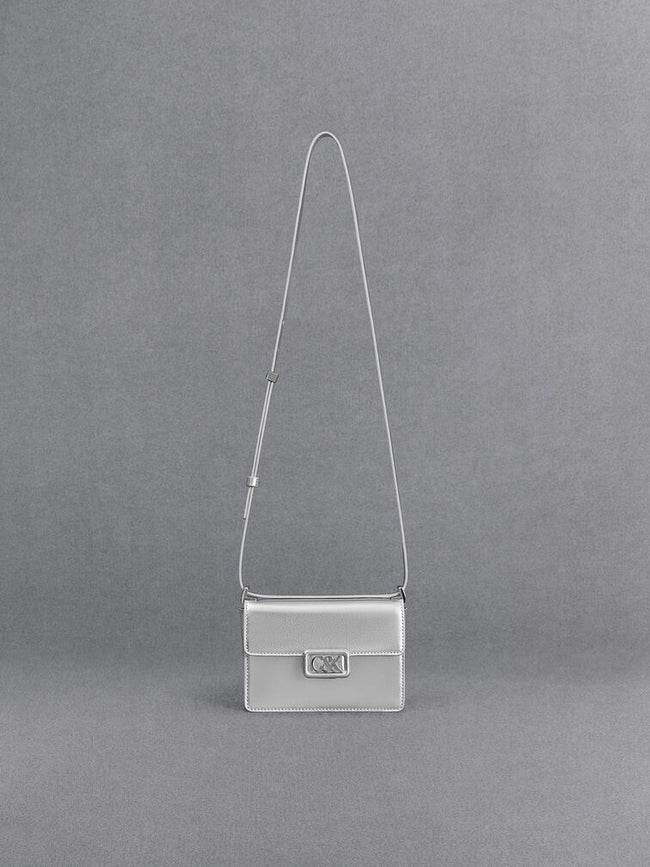 CHARLES & KEITH Women Leather Metallic Boxy Bag_Sliver