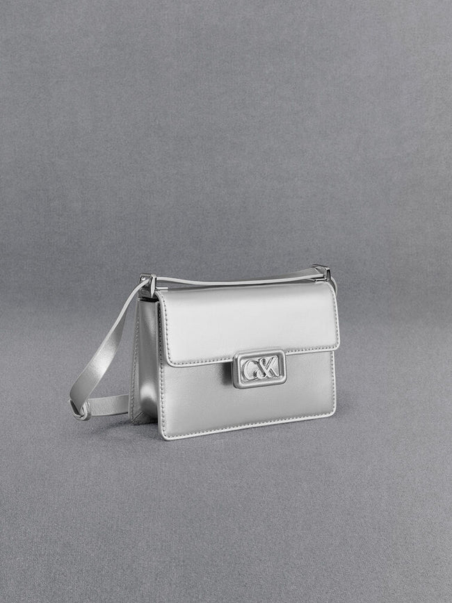 CHARLES & KEITH Women Leather Metallic Boxy Bag_Sliver