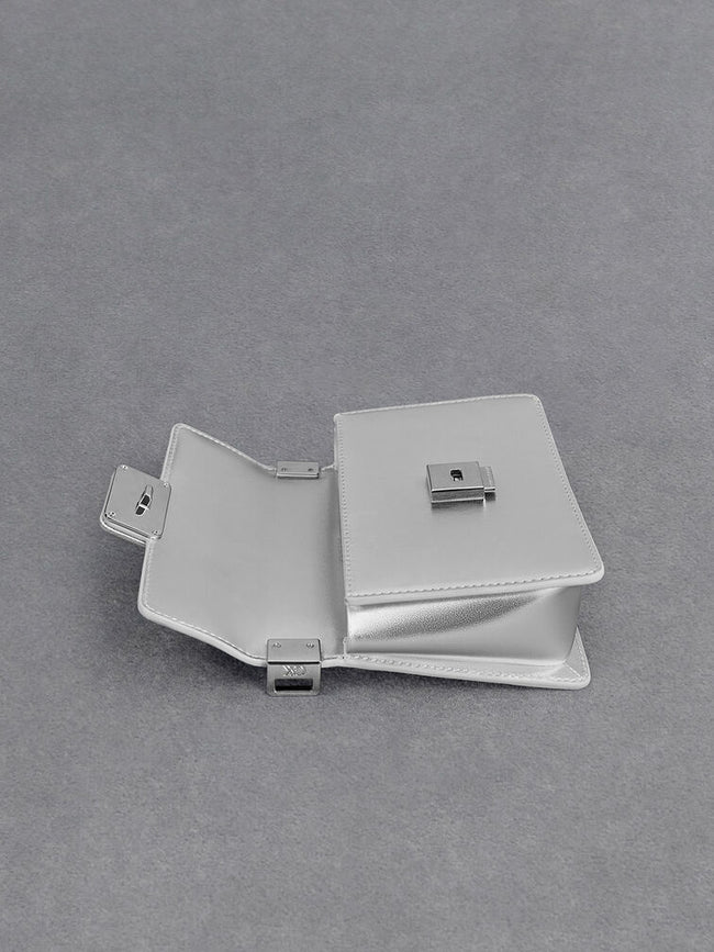 CHARLES & KEITH Women Leather Metallic Boxy Bag_Sliver