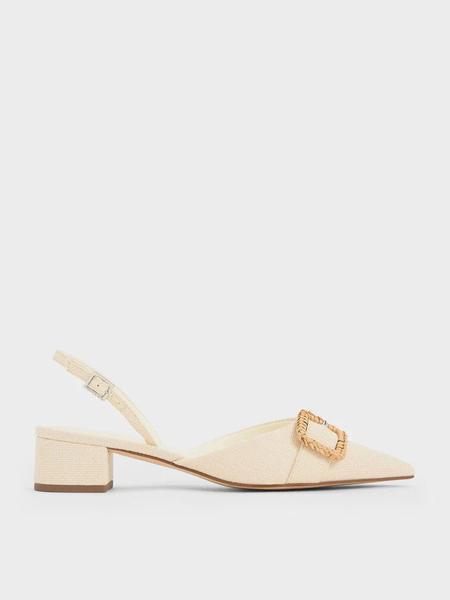 Women Woven Buckle Slingback Pumps Chalk