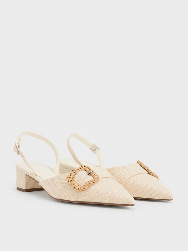 Woven-Buckle Slingback Pumps Chalk
