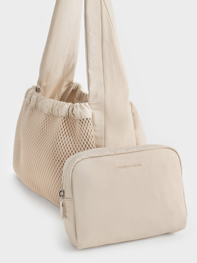CHARLES & KEITH Women Terra Mesh & Nylon Shoulder Bag_Oat