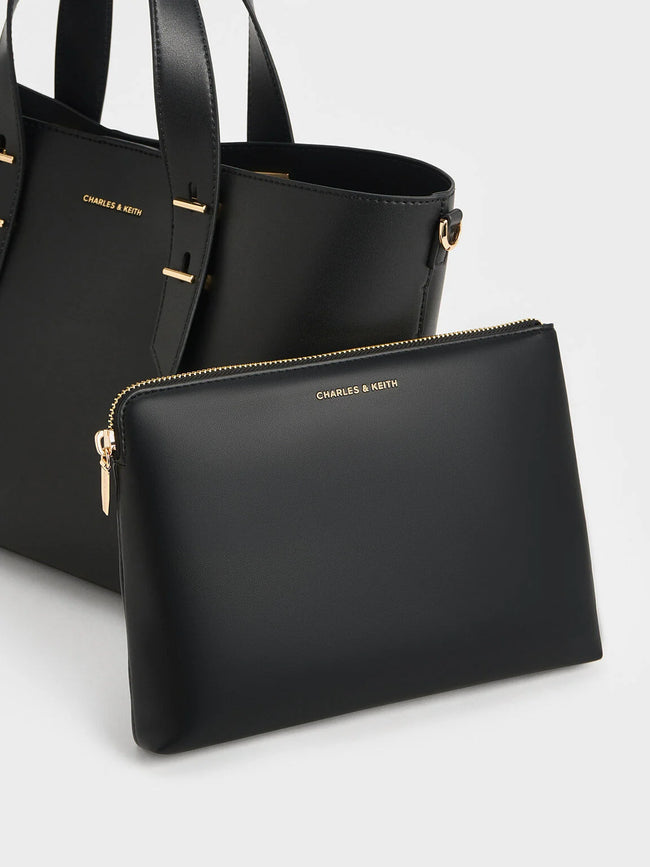 CHARLES & KEITH Women Metallic-Accent Double Handle Bag Black