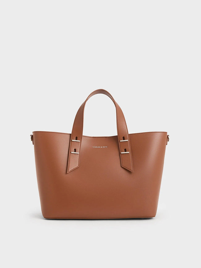 CHARLES & KEITH Women Metallic-Accent Double Handle Bag Chocolate