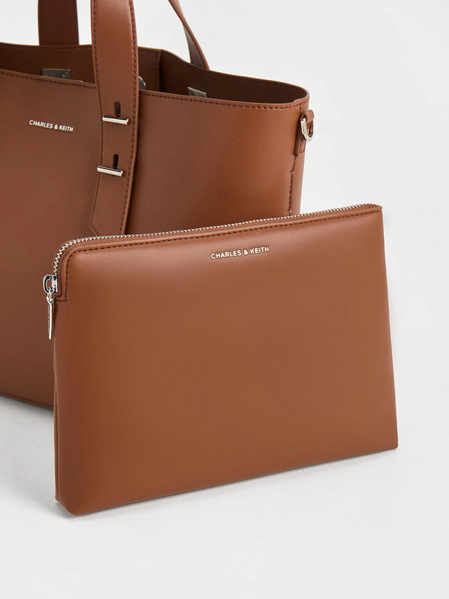CHARLES & KEITH Women Metallic-Accent Double Handle Bag Chocolate