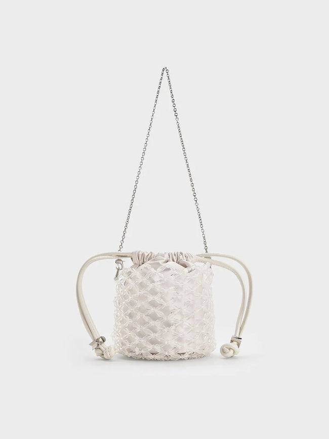 CHARLES & KEITH Women Beaded Chain-Handle Bucket Bag_White