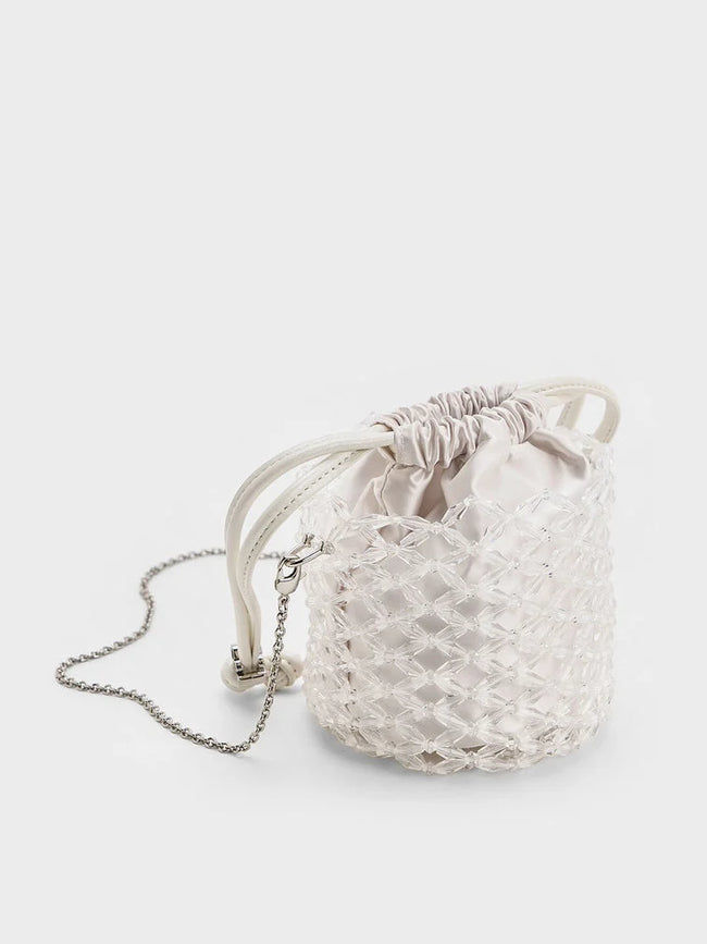 CHARLES & KEITH Women Beaded Chain-Handle Bucket Bag_White
