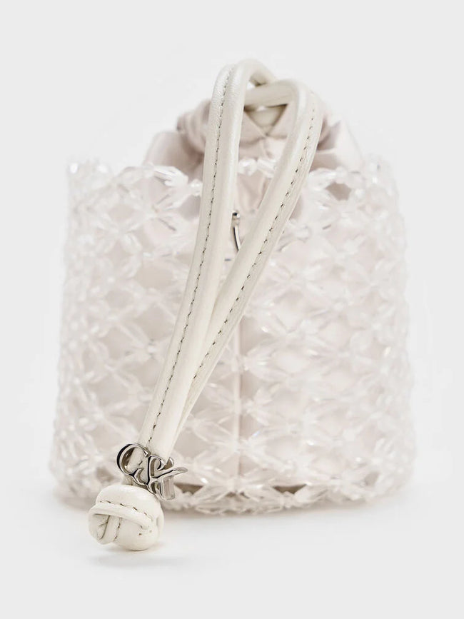 CHARLES & KEITH Women Beaded Chain-Handle Bucket Bag_White