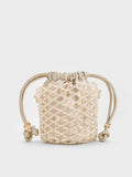 CHARLES & KEITH Women Beaded Chain-Handle Bucket Bag_Champagne