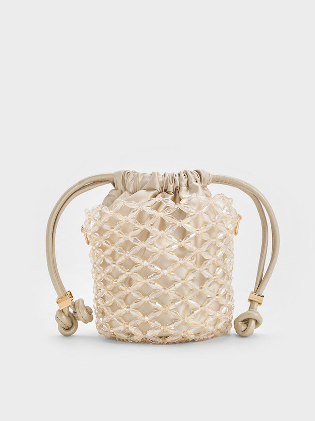 CHARLES & KEITH Women Beaded Chain-Handle Bucket Bag_Champagne