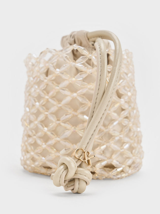 CHARLES & KEITH Women Beaded Chain-Handle Bucket Bag_Champagne