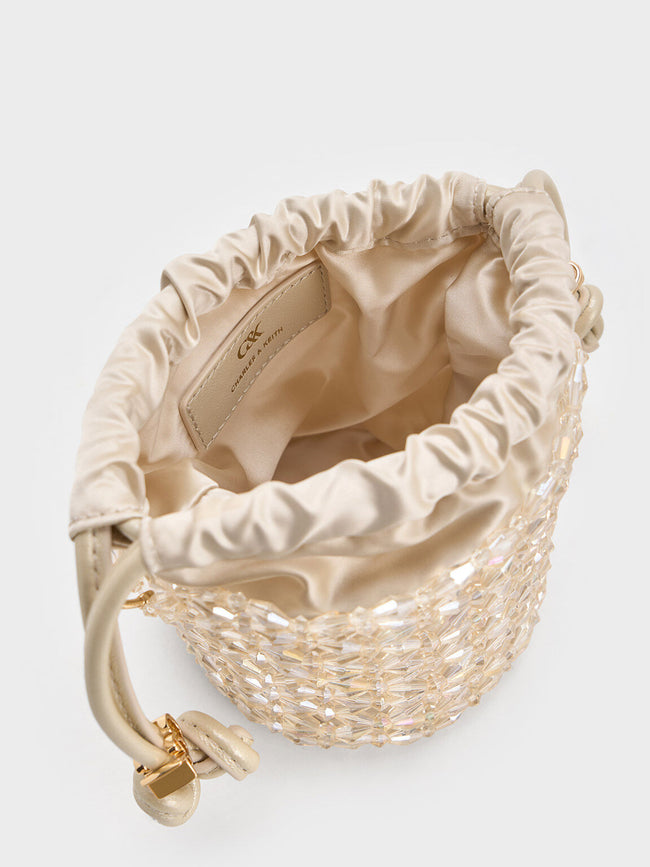 CHARLES & KEITH Women Beaded Chain-Handle Bucket Bag_Champagne