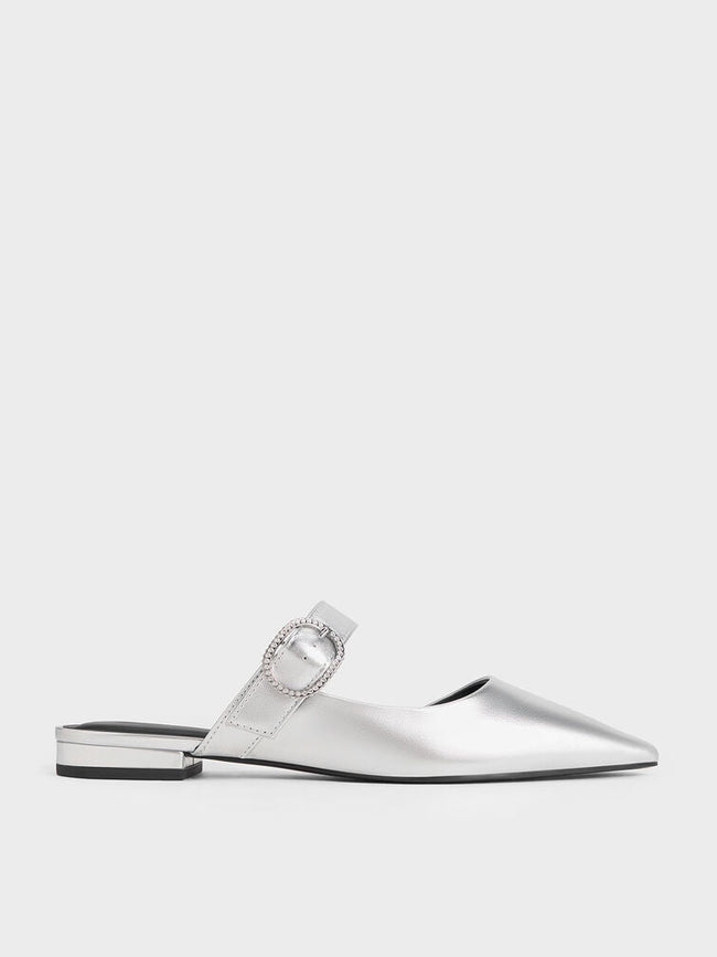 Women Metallic Crystal Buckle Pointed Toe Mules Silver