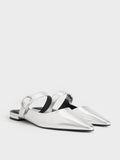 Women Metallic Crystal Buckle Pointed Toe Mules Silver