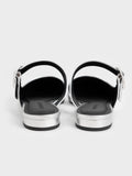 Women Metallic Crystal Buckle Pointed Toe Mules Silver
