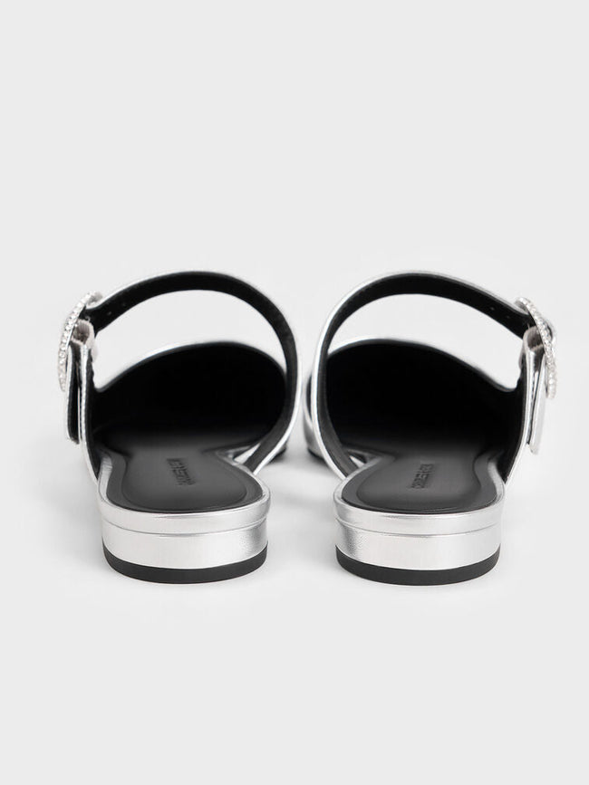 Women Metallic Crystal Buckle Pointed Toe Mules Silver