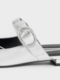 Women Metallic Crystal Buckle Pointed Toe Mules Silver