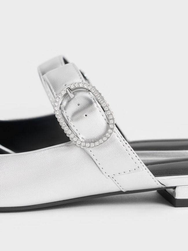 Women Metallic Crystal Buckle Pointed Toe Mules Silver