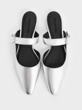 Women Metallic Crystal Buckle Pointed Toe Mules Silver
