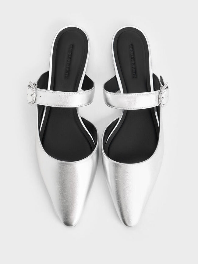 Women Metallic Crystal Buckle Pointed Toe Mules Silver