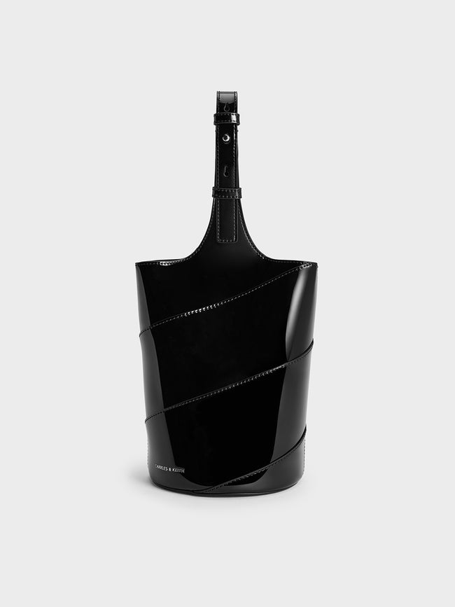CHARLES & KEITH Women Trin Patent Cylindrical Bucket Bag_Noir