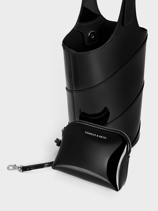 CHARLES & KEITH Women Trin Patent Cylindrical Bucket Bag_Noir