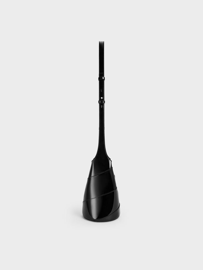 CHARLES & KEITH Women Trin Patent Cylindrical Bucket Bag_Noir