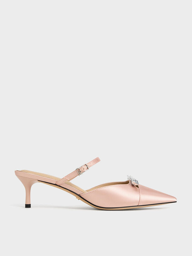 Women Recycled Polyester Bow Kitten Heel Mules Pink