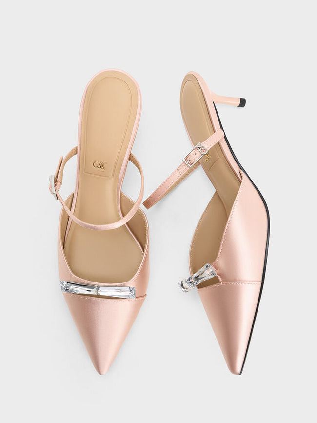 Women Recycled Polyester Bow Kitten Heel Mules Pink