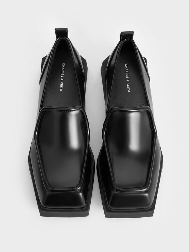 CHARLES & KEITH Women Lorde Geometric Square-Toe Loafers _Black Box