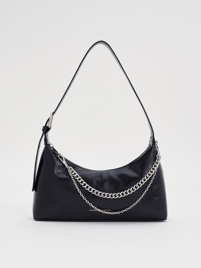 CHARLES & KEITH Women Atwood Chain Elongated Shoulder Bag -Noir