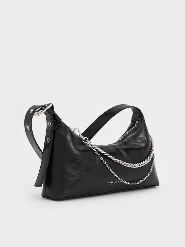 CHARLES & KEITH Women Atwood Chain Elongated Shoulder Bag -Noir