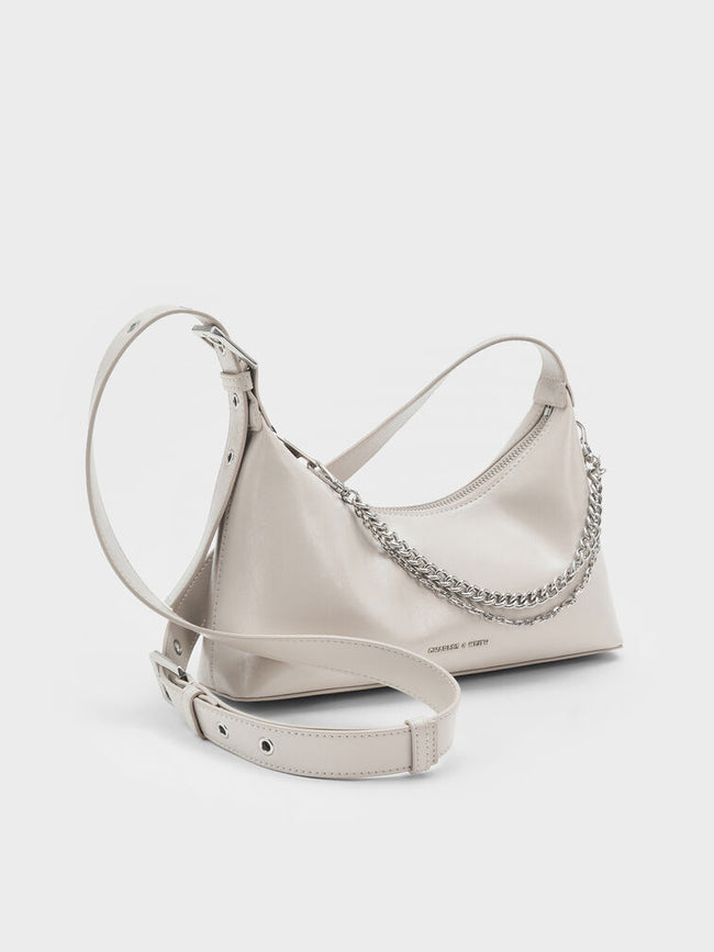 CHARLES & KEITH Women Atwood Chain Elongated Shoulder Bag -Shell Grey