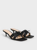 CHARLES & KEITH Satin Lace-Up Double-Strap Kitten-Heel Mules - Black Textured_Black Textured