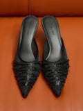 CHARLES & KEITH Mesh Sequinned Heeled Mules_Black Textured