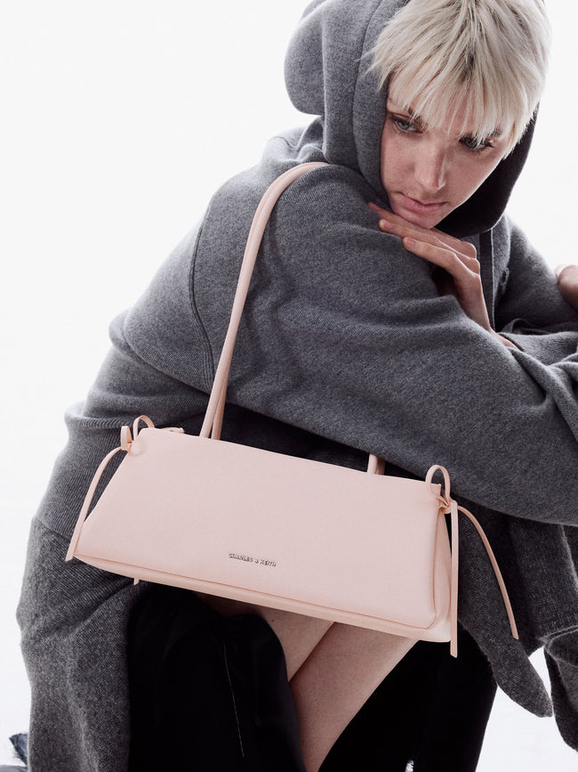 CHARLES & KEITH Women Hazel Bow Elongated Trapeze Shoulder Bag_Soft Pink