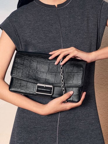 Liv Croc-Effect Grommet Chain-Handle Shoulder Bag_Noir