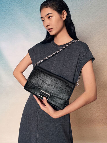 Liv Croc-Effect Grommet Chain-Handle Shoulder Bag_Noir