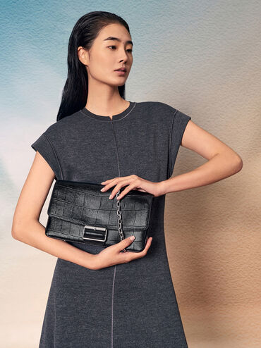 Liv Croc-Effect Grommet Chain-Handle Shoulder Bag_Noir