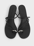Metallic-Accent Strappy Toe-Ring Heeled Sandals_Black